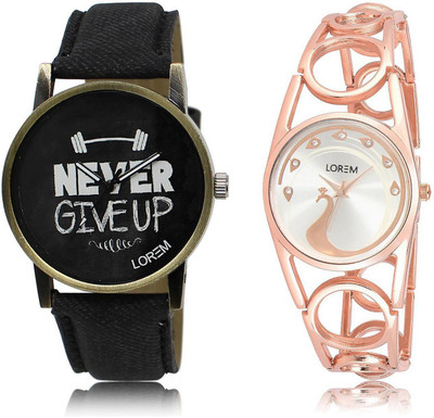

LOREM Watch-27-232 COMBO Silver & Black Round Boy's & Girl's Metal Bracelet & Leather Watch - For Men