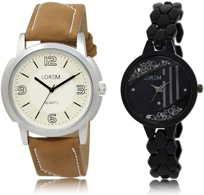 

LOREM OM-16-221 Designer Black & White Round Boy's & Girl's Metal Bracelet & Leather Watch - For Men & Women