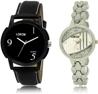 

LOREM FZ-6-223 COMBO Silver & Black Round Boy's & Girl's Metal Bracelet & Leather Watch - For Men & Women