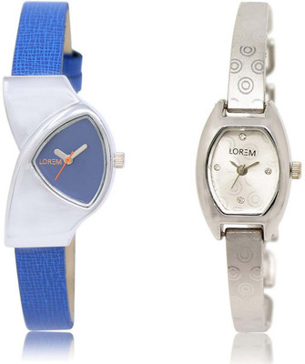 

LOREM SR-208-219 Attractive Silver & Blue Contemporary & Triangle Girl's Metal Bracelet & Leather Watch - For Women