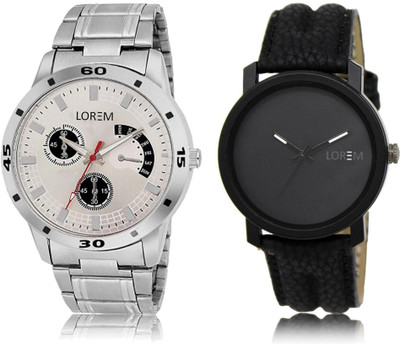 LOREM FZ-21-101 COMBO Black & Silver Round Boy's Leather & Metal Bracelet Watch - For Men