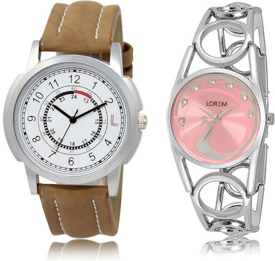 

LOREM SR-17-233 Attractive Pink & White Round Boy's & Girl's Metal Bracelet & Leather Watch - For Men & Women