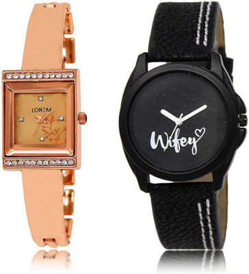

LOREM watch-220-234 Designer Black & Rose Gold Round & Square Girl's Leather & Metal Bracelet Watch - For Women