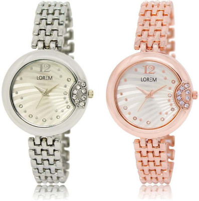 

LOREM SR-227-228 Attractive White Round Girl's Metal Bracelet Watch - For Women