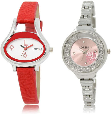 

LOREM FZ-206-226 COMBO Pink & White Round & Oval Girl's Metal Bracelet & Leather Watch - For Women