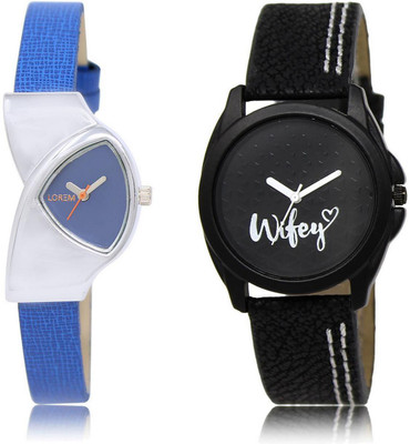 

LOREM FZ-208-234 COMBO Black & Blue Round & Triangle Girl's Leather Watch - For Women
