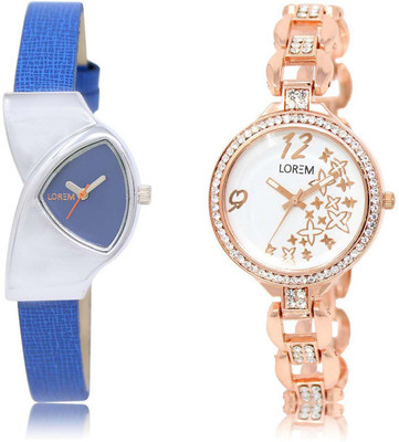 

LOREM SR-208-210 Attractive White & Blue Round & Triangle Girl's Metal Bracelet & Leather Watch - For Women