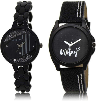 

LOREM SR-221-234 Attractive Black Round Girl's Leather & Metal Bracelet Watch - For Women