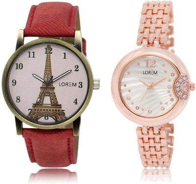 

LOREM watch228-230 Designer Silver & Pink Round Girl's Metal Bracelet & Leather Watch - For Women