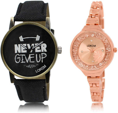 

LOREM SR-27-225 Attractive Rose Gold & Black Round Boy's & Girl's Metal Bracelet & Leather Watch - For Men & Women