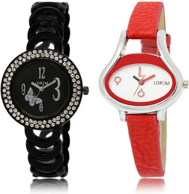 

LOREM OM-201-206 Designer White & Black Oval & Round Girl's Leather & Metal Bracelet Watch - For Women