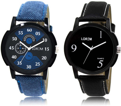 LOREM OM-2-6 Designer Black Round Boy's Leather Watch - For Men