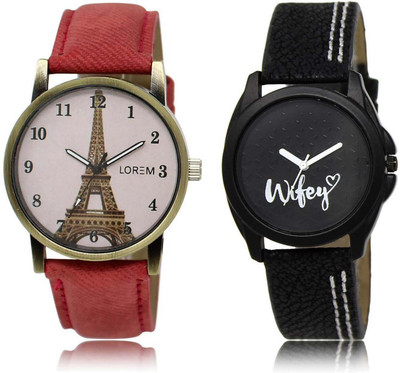 

LOREM SR-230-234 Attractive Black & Pink Round Girl's Leather Watch - For Women