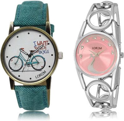 

LOREM OM-229-233 Designer Pink & White Round Girl's Metal Bracelet & Leather Watch - For Women