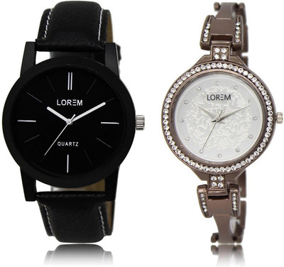 

LOREM FZ-5-236 COMBO Silver & Black Round Boy's & Girl's Metal Bracelet & Leather Watch - For Men & Women