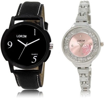 

LOREM 6-226 COMBO Pink & Black Round Boy's & Girl's Metal Bracelet & Leather Watch - For Men & Women