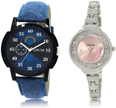 

LOREM 2-226 Attractive Pink & Black Round Boy's & Girl's Metal Bracelet & Leather Watch - For Men & Women