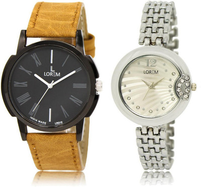 

LOREM FZ-19-227 COMBO Silver & Black Round Boy's & Girl's Metal Bracelet & Leather Watch - For Men & Women