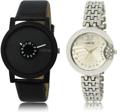 

LOREM OM-25-227 Designer Silver & Black Round Boy's & Girl's Metal Bracelet & Leather Watch - For Men & Women