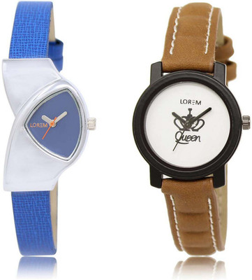 

LOREM OM-208-209 Designer White & Blue Round & Triangle Girl's Leather Watch - For Women