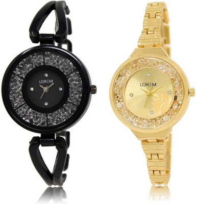 

LOREM SR-211-224 Attractive Gold & Black Round Girl's Metal Bracelet Watch - For Women