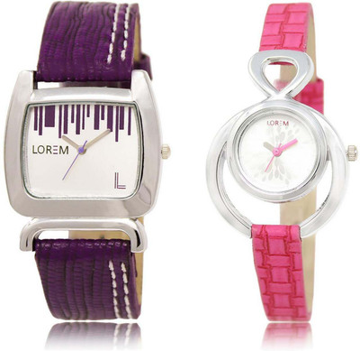 

LOREM OM-205-207 Designer Silver & White Round & Square Girl's Leather Watch - For Women