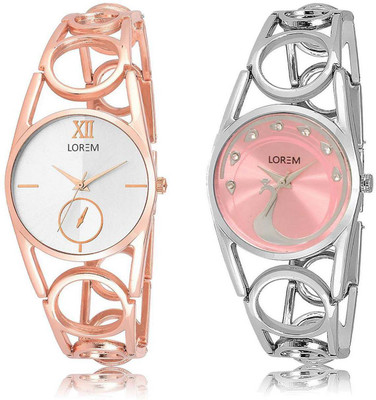 

LOREM OM-213-233 Designer Pink & Silver Round Girl's Metal Bracelet Watch - For Women