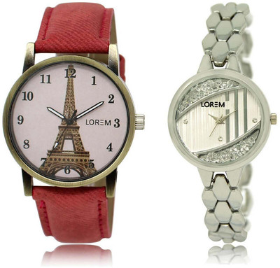 

LOREM SR-223-230 Attractive Silver & Pink Round Girl's Metal Bracelet & Leather Watch - For Women