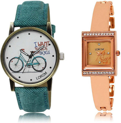 

LOREM OM-220-229 Designer Rose Gold & White Square & Round Girl's Metal Bracelet & Leather Watch - For Women