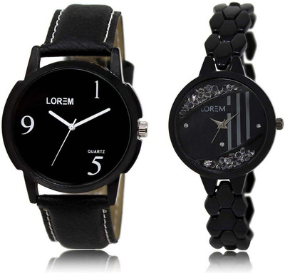 LOREM OM-6-221 Designer Black Round Boy's & Girl's Metal Bracelet & Leather Watch - For Men & Women