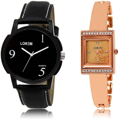 

LOREM OM-6-220 Designer Rose Gold & Black Square & Round Boy's & Girl's Metal Bracelet & Leather Watch - For Men & Women