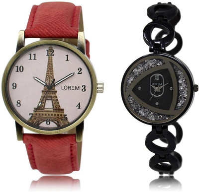 

LOREM FZ-230-237 COMBO Silver & Pink Round Girl's Metal Bracelet & Leather Watch - For Women