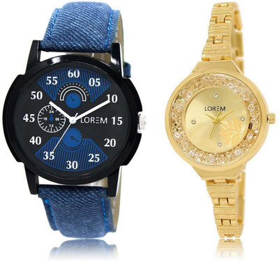 

LOREM Watch-2-224 Designer Gold & Black Round Boy's & Girl's Metal Bracelet & Leather Watch - For Men & Women