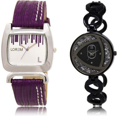 

LOREM OM-207-237 Designer Silver & White Round & Square Girl's Metal Bracelet & Leather Watch - For Women