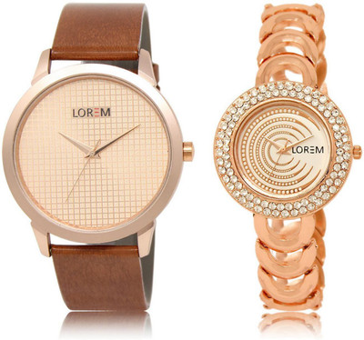 

LOREM 34-202 COMBO White & Rose Gold Round Boy's & Girl's Metal Bracelet & Leather Watch - For Men & Women
