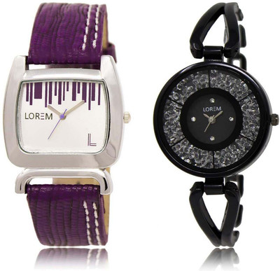 

LOREM SR-207-211 Attractive Black & White Round & Square Girl's Metal Bracelet & Leather Watch - For Women