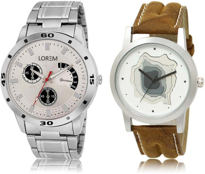 

LOREM OM-9-101 Designer White & Silver Round Boy's Leather & Metal Bracelet Watch - For Men
