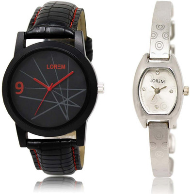 

LOREM OM-8-219 Designer Silver & Black Contemporary & Round Boy's & Girl's Metal Bracelet & Leather Watch - For Men & Women