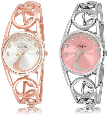 

LOREM SR-232-233 Attractive Pink & Silver Round Girl's Metal Bracelet Watch - For Women