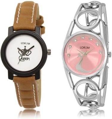 

LOREM SR-209-233 Attractive Pink & White Round Girl's Metal Bracelet & Leather Watch - For Women