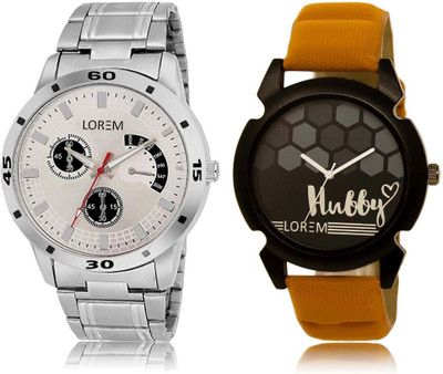 LOREM SR-32-101 Attractive Black & Silver Round Boy's Leather & Metal Bracelet Watch - For Men