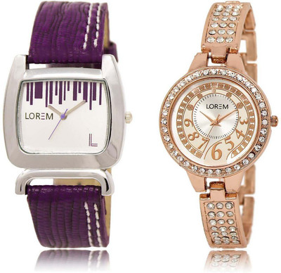 

LOREM watch207-216 Designer Silver & White Round & Square Girl's Metal Bracelet & Leather Watch - For Women