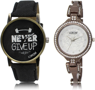 

LOREM Watch-27-236 COMBO Silver & Black Round Boy's & Girl's Metal Bracelet & Leather Watch - For Men & Women