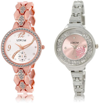 

LOREM FZ-215-226 COMBO Pink & Silver Round Girl's Metal Bracelet Watch - For Women