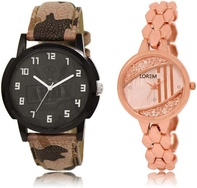 

LOREM OM-3-222 Designer Rose Gold & Black Round Boy's & Girl's Metal Bracelet & Leather Watch - For Men & Women