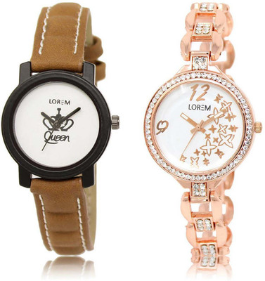

LOREM OM-209-210 Designer White Round Girl's Metal Bracelet & Leather Watch - For Women