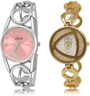 

LOREM 16-219 COMBO Silver & Pink Round Girl's Metal Bracelet Watch - For Women