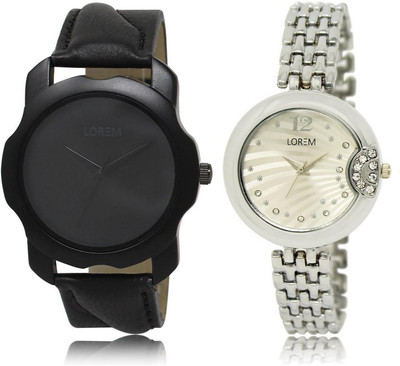 

LOREM Watch-22-227 COMBO Silver & Black Round Boy's & Girl's Metal Bracelet & Leather Watch - For Men & Women