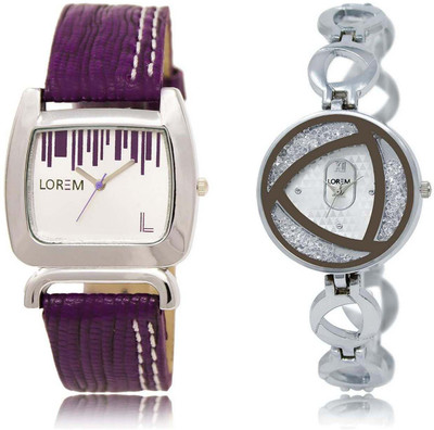 

LOREM watch-207-240 Designer Silver & White Round & Square Girl's Metal Bracelet & Leather Watch - For Women