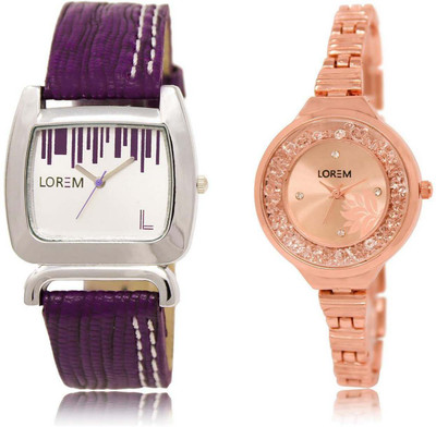 

LOREM OM-207-225 Designer Rose Gold & White Round & Square Girl's Metal Bracelet & Leather Watch - For Women